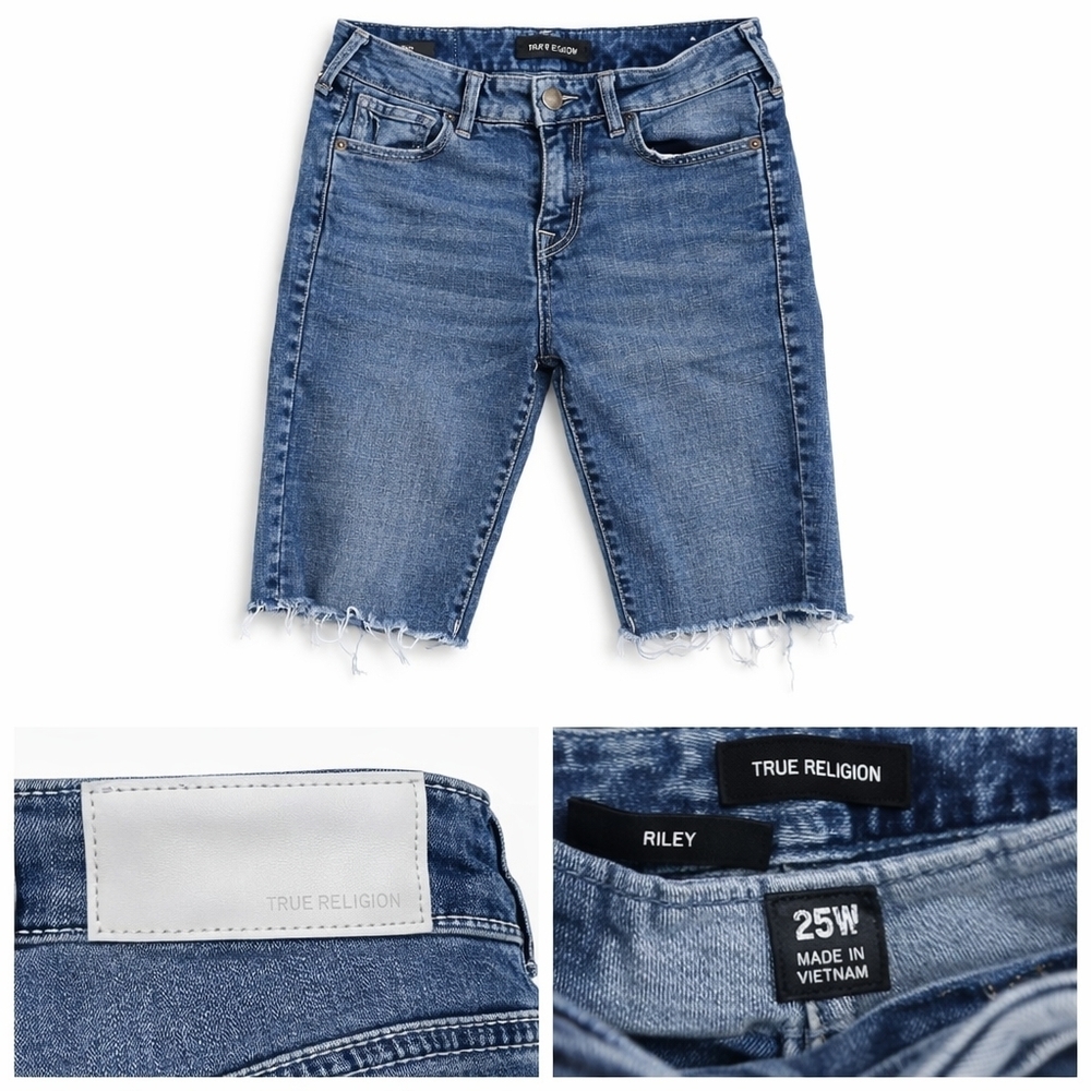 Y2K True Religion Riley Denim Shorts Women 25W Blue Frayed Hem Designer Jean. - Picture 11 of 11